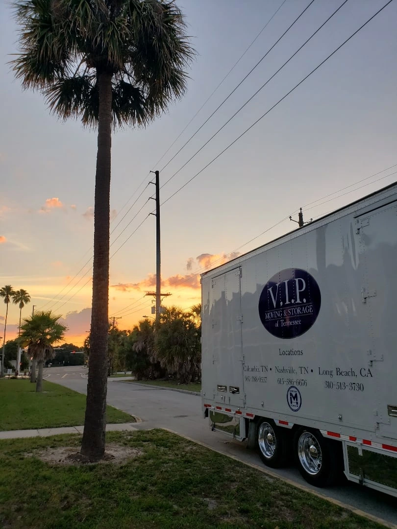 VIP truck at sunset with palm tree